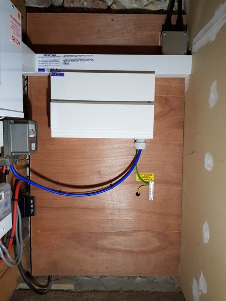 House A, Image 4. The final installation. This is what the customer sees when they open the cupboard door. Note one tidy new board with all electric cables neatly hidden in the trunking. Great improvement. 